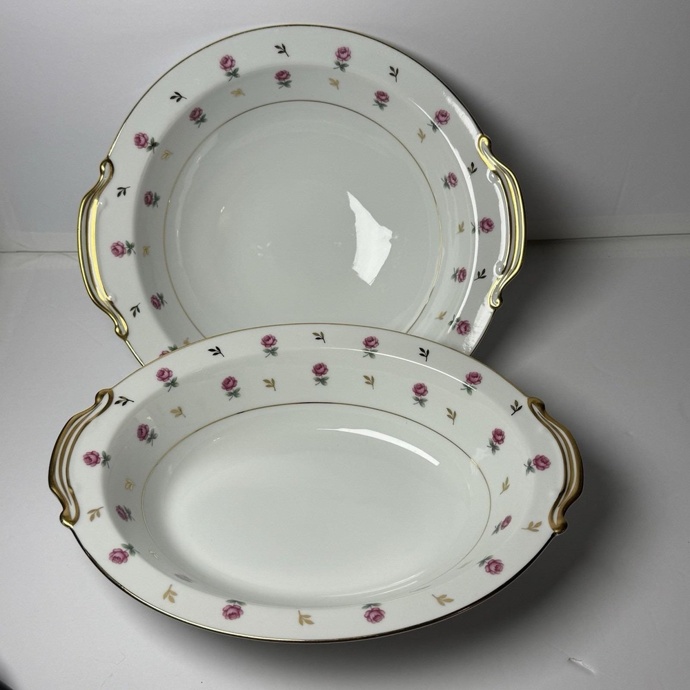 Noritake Rosalie 3052 Oval Vegetable‎ Serving Bowls Gold Handles Set of 2